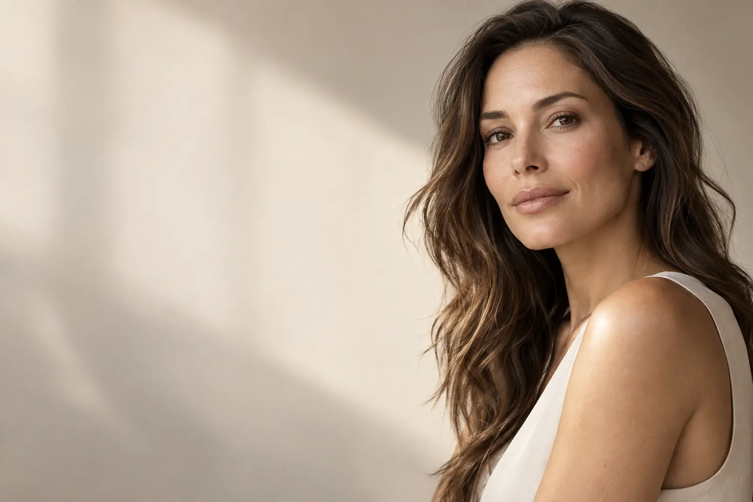 Woman with natural skin in soft editorial light